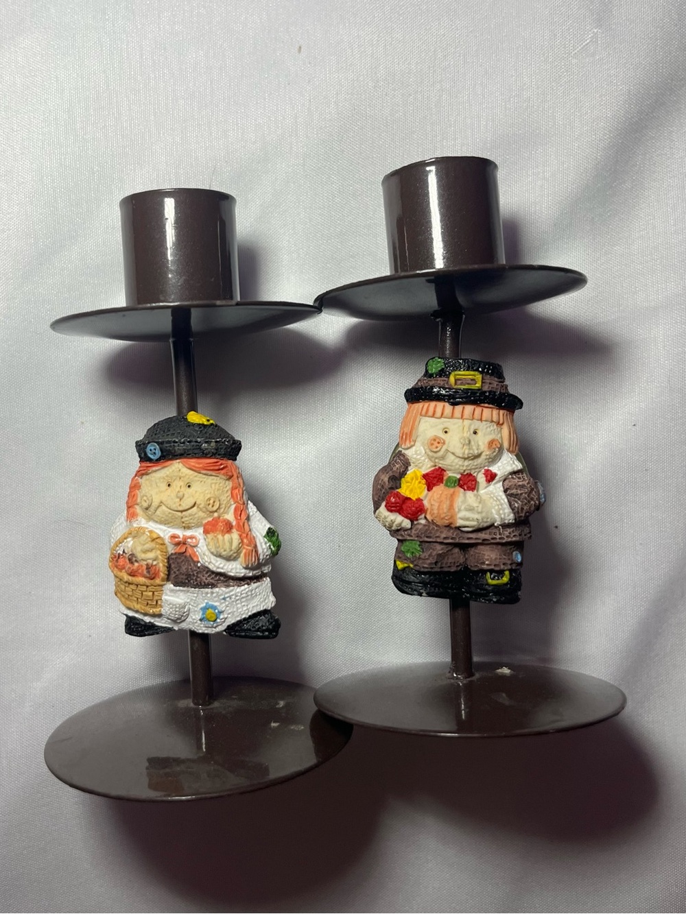 VTG 90s Thanksgiving Candle Holders Pilgrim Boy & Girl Set Holiday Decor